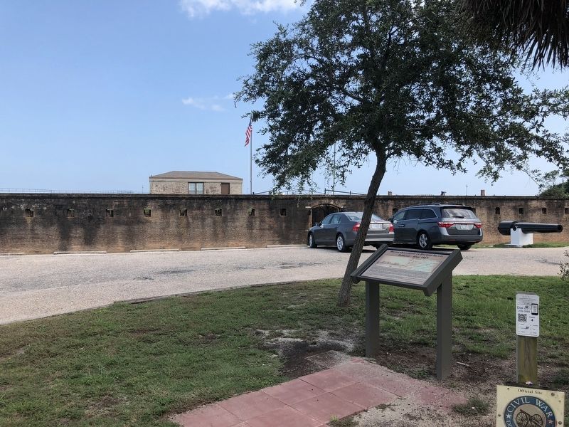 View of marker with Fort Gaines in background. image. Click for full size.