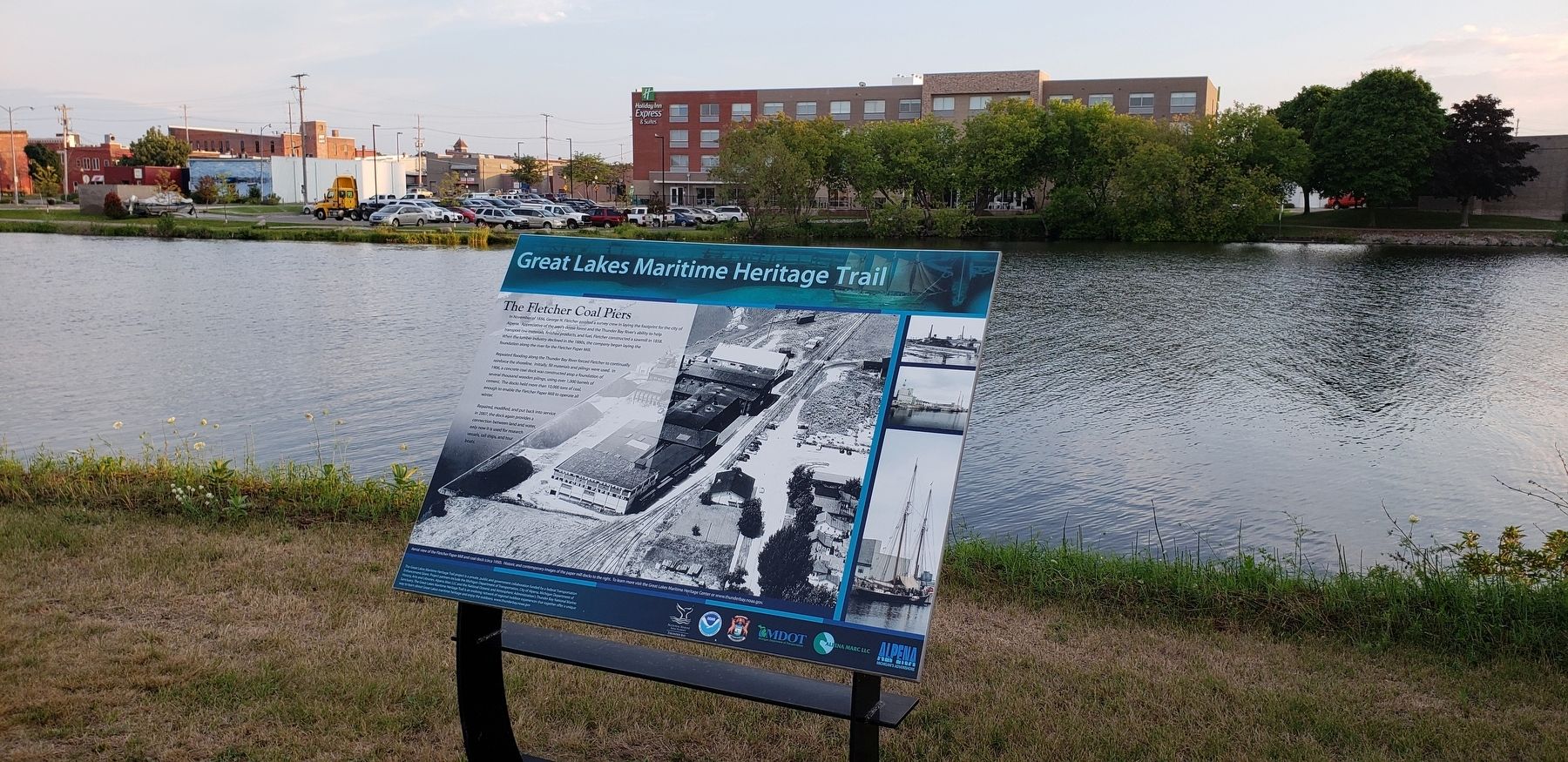 The Fletcher Coal Piers Marker (<i>wide view looking south across the Thunder Bay River</i>) image. Click for full size.