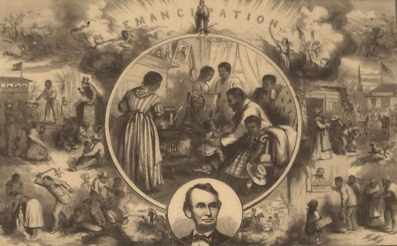 Marker detail: Thomas Nast’s celebration of the emancipation of Southern slaves at end of Civil War image. Click for full size.