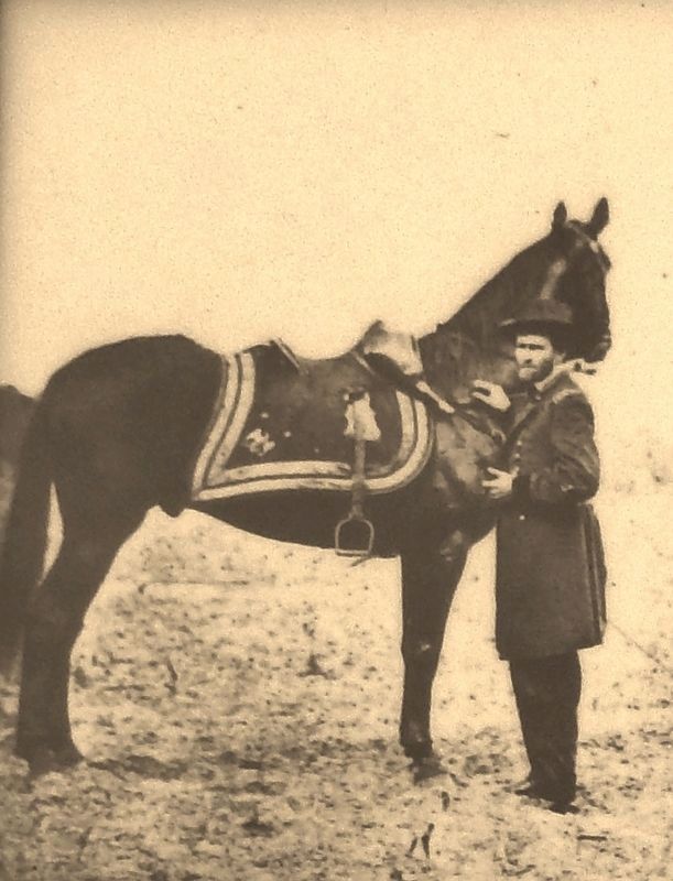 Marker detail: Ulysses S. Grant, full-length portrait, standing alongside his war horse, "Cincinnati image. Click for full size.