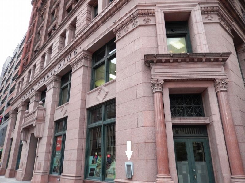 Security Building (<i>wide view looking south along 4th Street; marker visible at right</i>). Click for full size. Security Building (<i>wide view looking south along 4th Street; marker visible at right</i>) image. Click for full size.