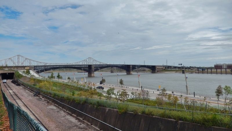 Mississippi River: bridges and former landing sites (<i>view from hill above marker</i>). Click for full size. Mississippi River: bridges and former landing sites (<i>view from hill above marker</i>) image. Click for full size.