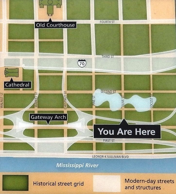 Marker detail: The St. Louis street grid once covered the Arch grounds down to the river. Click for full size. Marker detail: The St. Louis street grid once covered the Arch grounds down to the river image. Click for full size.