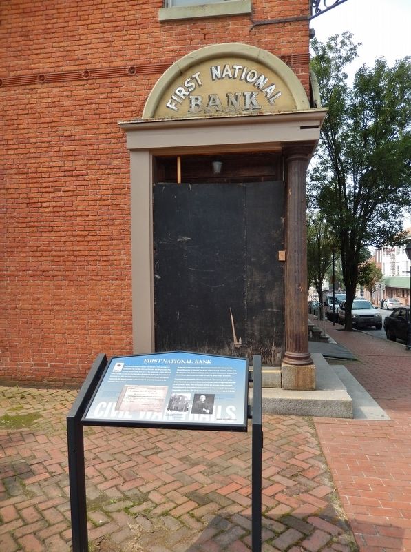 First National Bank Marker (<i>tall view from 2nd Street; bank corner entrance in background</i>) image. Click for full size.