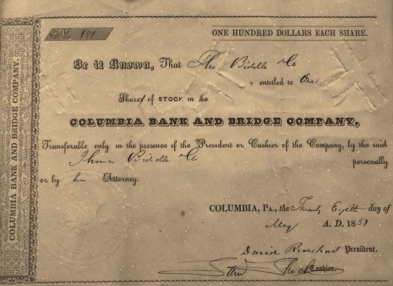 Marker detail: Columbia Bank and Bridge Company Stock Certificate image. Click for full size.