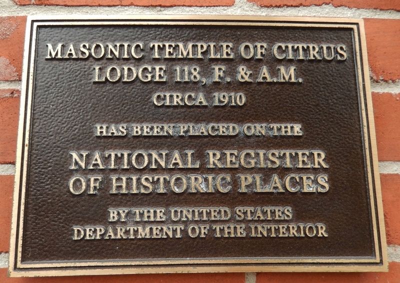 Inverness Masonic Temple National Register of Historic Places Plaque (<i>mounted above marker</i>) image. Click for full size.