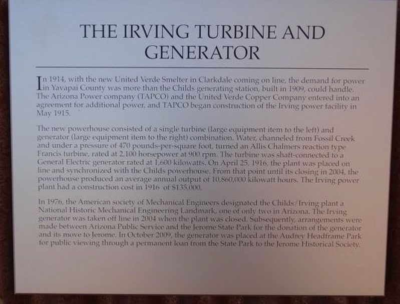 The Irving Turbine and Generator Marker image. Click for full size.
