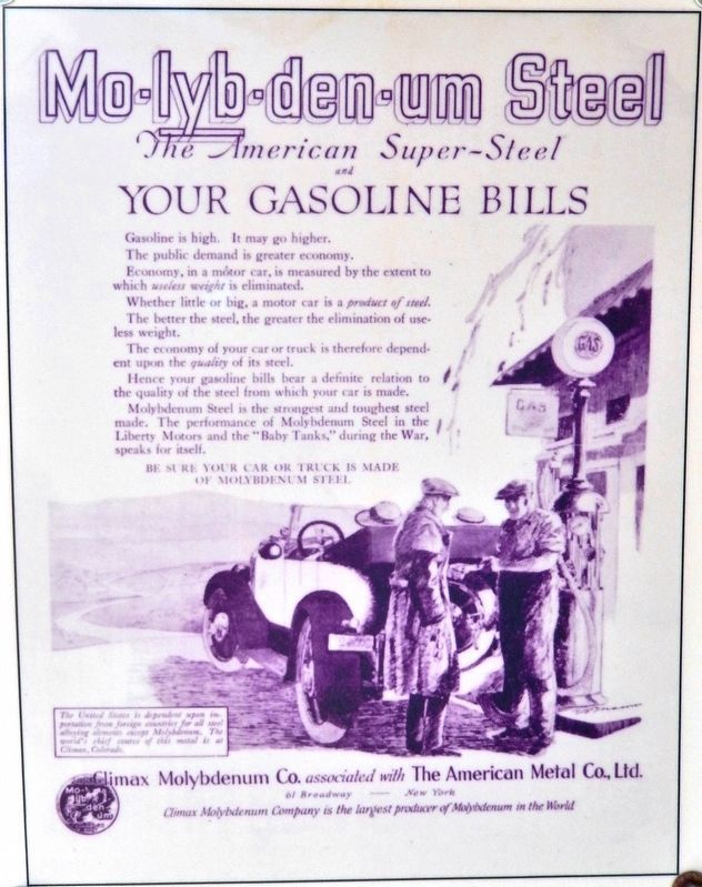 Vintage Climax Molybdenum Poster - 1920s (<i>on exhibit near marker</i>). Click for full size. Vintage Climax Molybdenum Poster - 1920s (<i>on exhibit near marker</i>) image. Click for full size.
