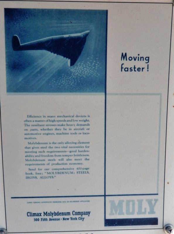 Vintage Climax Molybdenum Poster - 1950s (<i>on exhibit near marker</i>). Click for full size. Vintage Climax Molybdenum Poster - 1950s (<i>on exhibit near marker</i>) image. Click for full size.