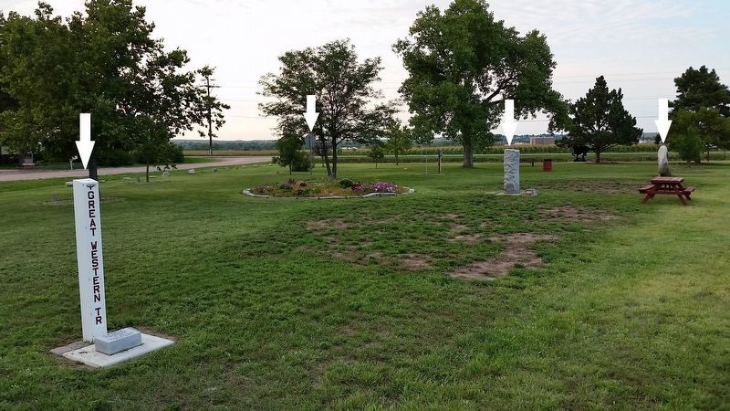 Tri-Trails Park (<i>wide view showing all 4 trail markers in park; this marker 3rd from left</i>). Click for full size. Tri-Trails Park (<i>wide view showing all 4 trail markers in park; this marker 3rd from left</i>) image. Click for full size.