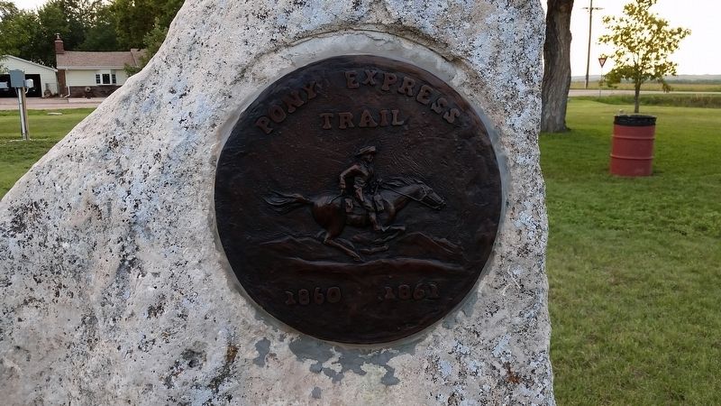 Round Pony Express Centennial Plaque (<i>mounted just above Sand Hill Station marker</i>). Click for full size. Round Pony Express Centennial Plaque (<i>mounted just above Sand Hill Station marker</i>) image. Click for full size.