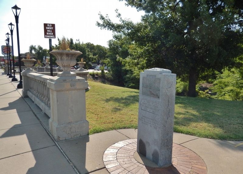 Site of First Free Ferry on Smoky Hill River Marker (<i>wide view; looking east along Iron Ave.</i>) image. Click for full size.