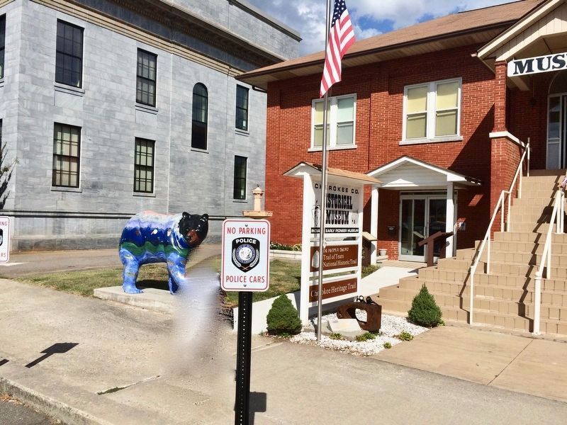 The 500 pound hammer in front of the Cherokee Historical Museum (next to flagpole).. Click for full size. The 500 pound hammer in front of the Cherokee Historical Museum (next to flagpole). image. Click for full size.