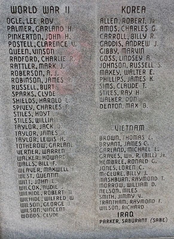Cherokee County Veterans Memorial right side (World War II, Korea, Vietnam & Iraq). image. Click for full size.