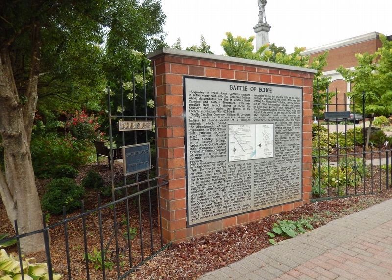 Battle of Echoe Marker (<i>wide view; Macon County Confederate Memorial in background</i>). Click for full size. Battle of Echoe Marker (<i>wide view; Macon County Confederate Memorial in background</i>) image. Click for full size.