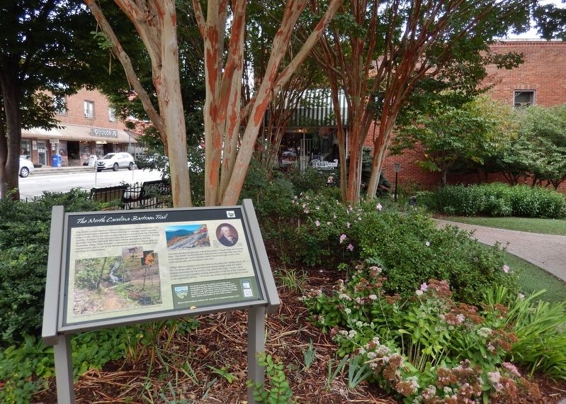 The North Carolina Bartram Trail Marker (<i>wide view; Garden Club park in background</i>) image. Click for full size.