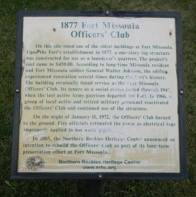 1877 Fort Missoula Officers' Club Marker image. Click for full size.