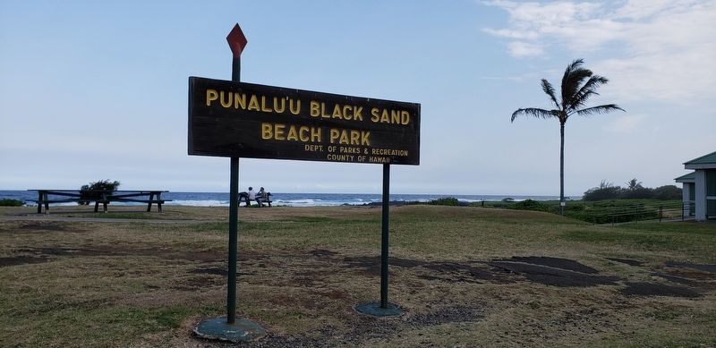 Punalu'u Black Sand Beach Park sign (<i>wide view from near marker</i>). Click for full size. Punalu'u Black Sand Beach Park sign (<i>wide view from near marker</i>) image. Click for full size.