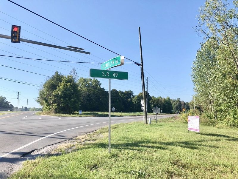 Looking southeast, with marker across street just to right of street sign. image. Click for full size.
