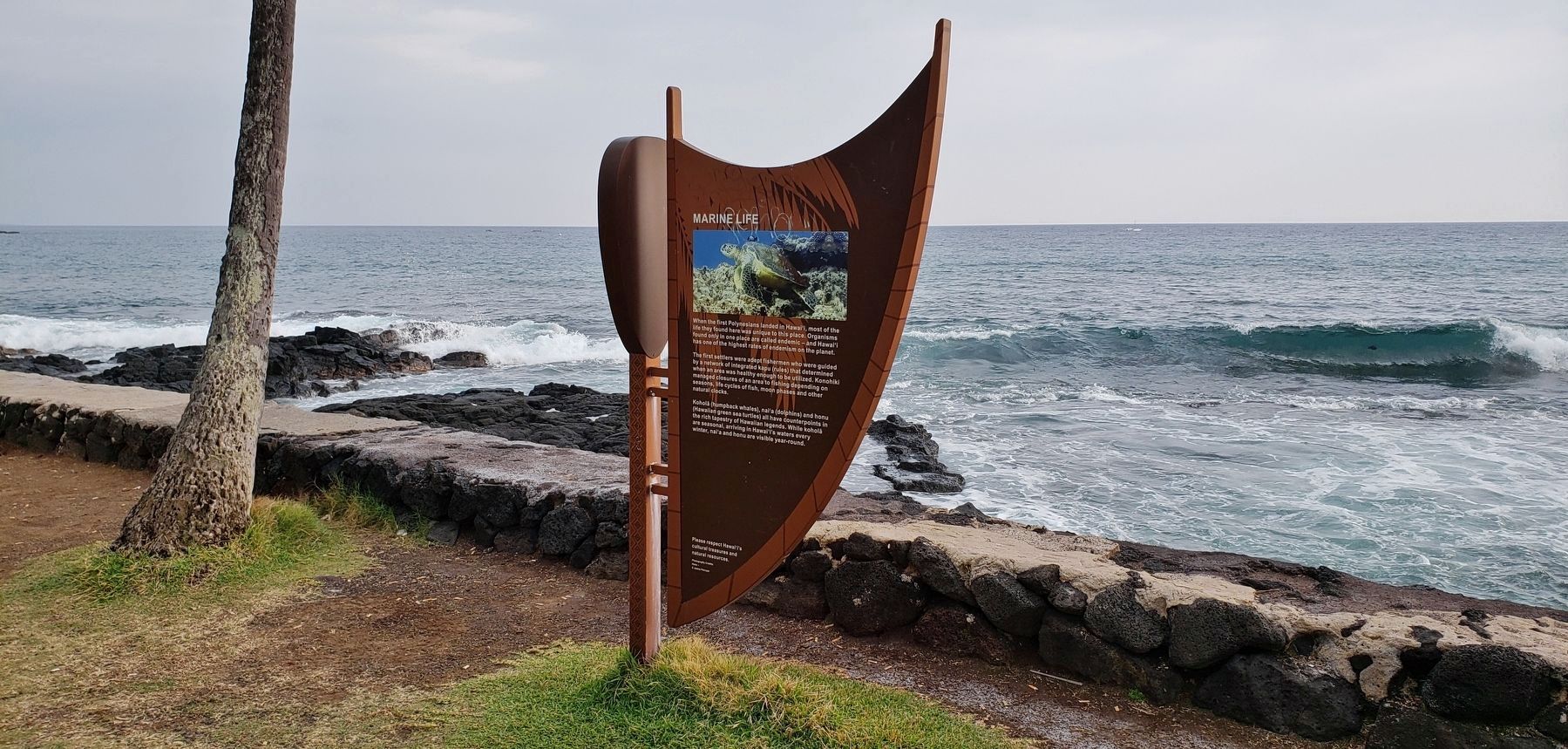 Marine Life Marker (<i>wide view; Oneo Bay in the background</i>) image. Click for full size.