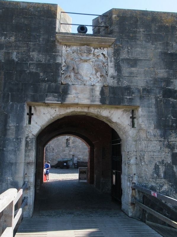 Royal Arms of Charles II above the entrance to Southsea Castle image. Click for full size.