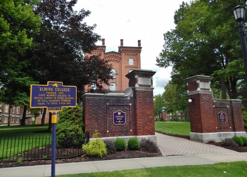 Elmira College Marker (<i>wide view; Cowles Hall in background</i>) image. Click for full size.