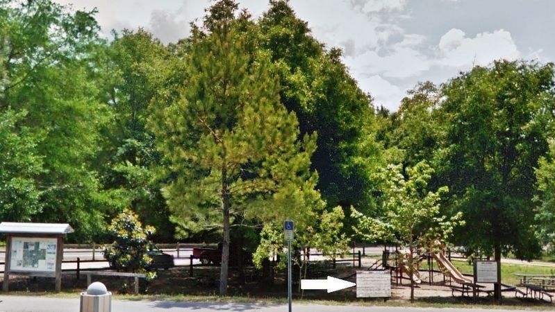 Trail History Marker (<i>wide view from parking lot; playgound in background</i>). Click for full size. Trail History Marker (<i>wide view from parking lot; playgound in background</i>) image. Click for full size.