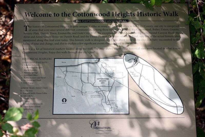 Welcome to the Cottonwood Heights Historic Walk Marker. Click for full size. Welcome to the Cottonwood Heights Historic Walk Marker image. Click for full size.