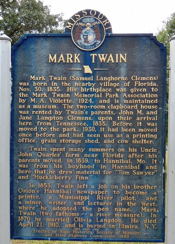 Mark Twain Marker (<i>side 1</i>) image. Click for full size.
