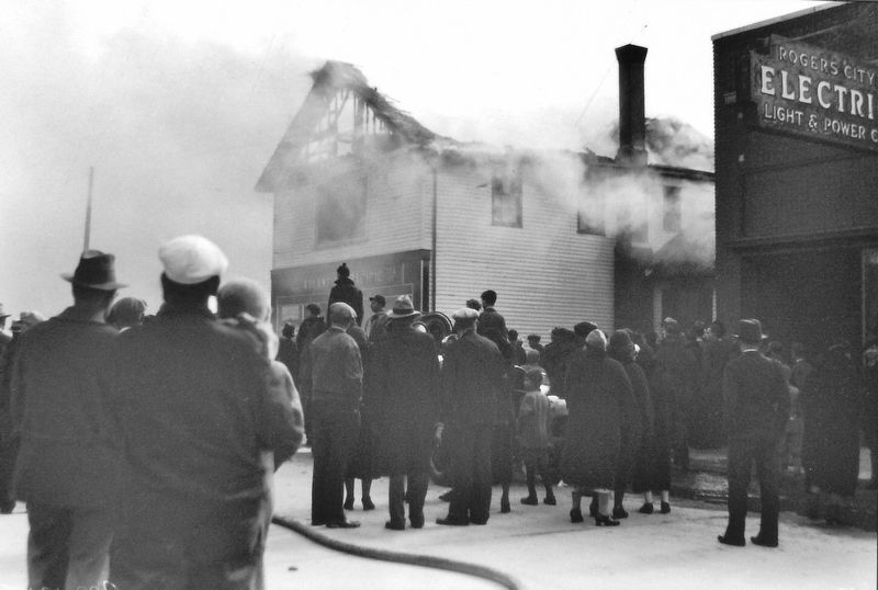 Marker detail: The second floor was destroyed by the 1935 fire shown in this photo. Click for full size. Marker detail: The second floor was destroyed by the 1935 fire shown in this photo image. Click for full size.