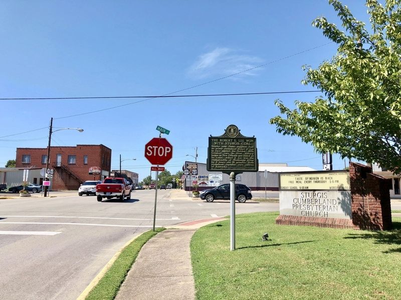 View of marker at intersection of 5th Street & South Main Street. image. Click for full size.