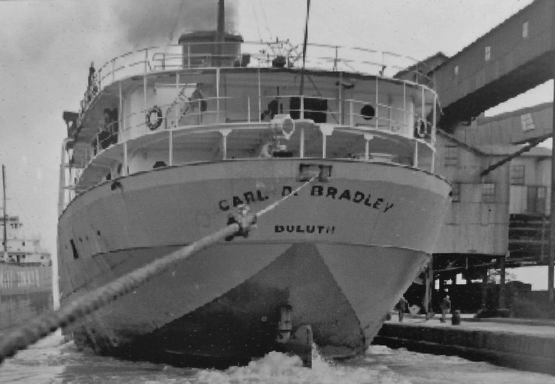 Marker detail: <i>Carl D. Bradley</i> (<i>stern view; emergency steering wheel visible top deck</i>). Click for full size. Marker detail: <i>Carl D. Bradley</i> (<i>stern view; emergency steering wheel visible top deck</i>) image. Click for full size.