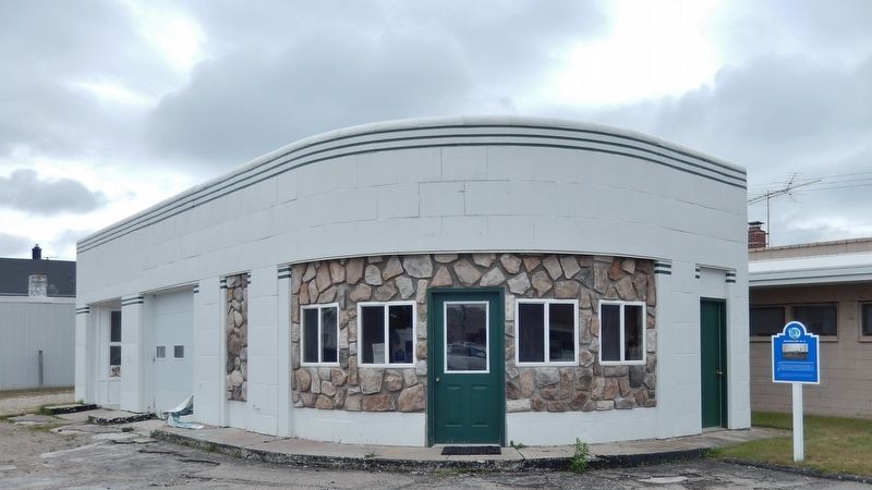 Site of Rogers City's First Flour Mill Marker (<i>wide view; former Standard Oil station left</i>) image. Click for full size.