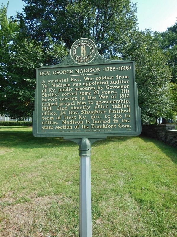 Gov. George Madison (1763-1816) Marker (<i>tall view; U.S. Courthouse grounds behind marker</i>) image. Click for full size.