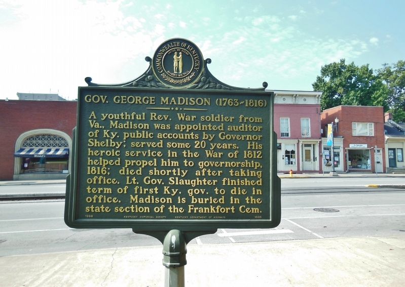 Gov. George Madison (1763-1816) Marker (<i>wide view; Broadway Street in background</i>) image. Click for full size.