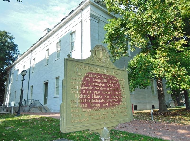 Confederates Here Marker (<i>wide view looking southwest; Old State House in background</i>). Click for full size. Confederates Here Marker (<i>wide view looking southwest; Old State House in background</i>) image. Click for full size.
