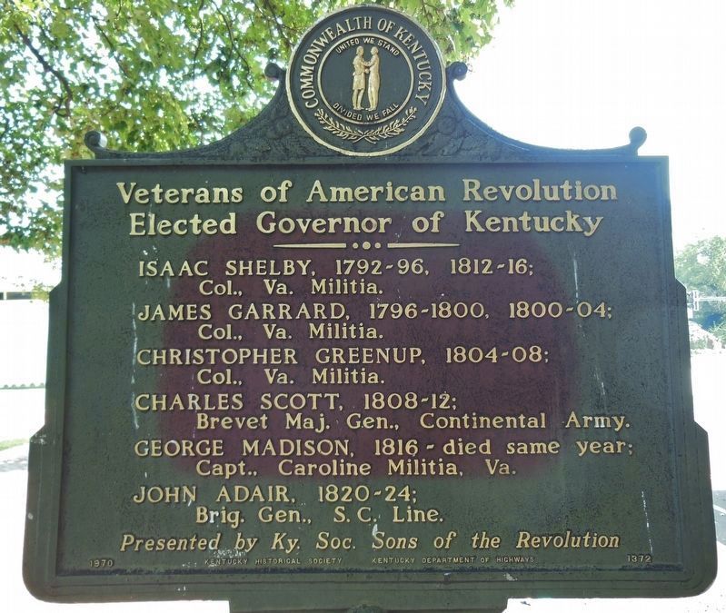Veterans of American Revolution Elected Governor of Kentucky (<i>marker side 1</i>) image. Click for full size.
