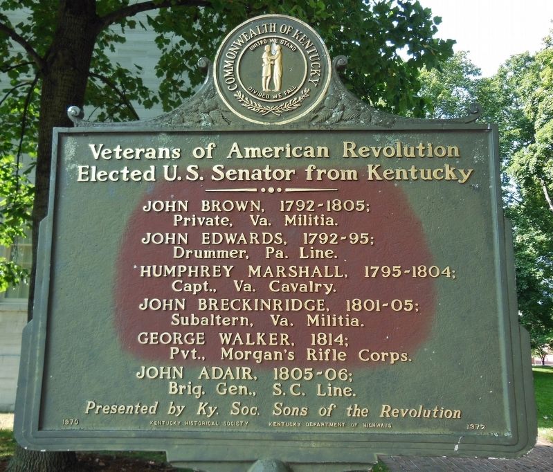 Veterans of American Revolution Elected U.S. Senator from Kentucky (<i>marker side 2</i>). Click for full size. Veterans of American Revolution Elected U.S. Senator from Kentucky (<i>marker side 2</i>) image. Click for full size.