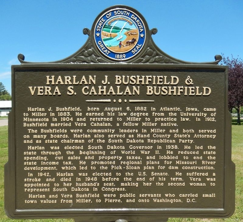 Harlan J. Bushfield & Vera S. Cahalan Bushfield Marker. Click for full size. Harlan J. Bushfield & Vera S. Cahalan Bushfield Marker image. Click for full size.