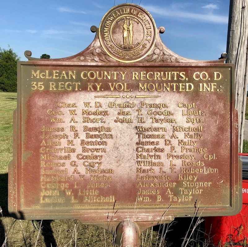 McLean County Recruits, Co. D 35 Regt. KY. Vol. Mounted Inf. Marker image. Click for full size.