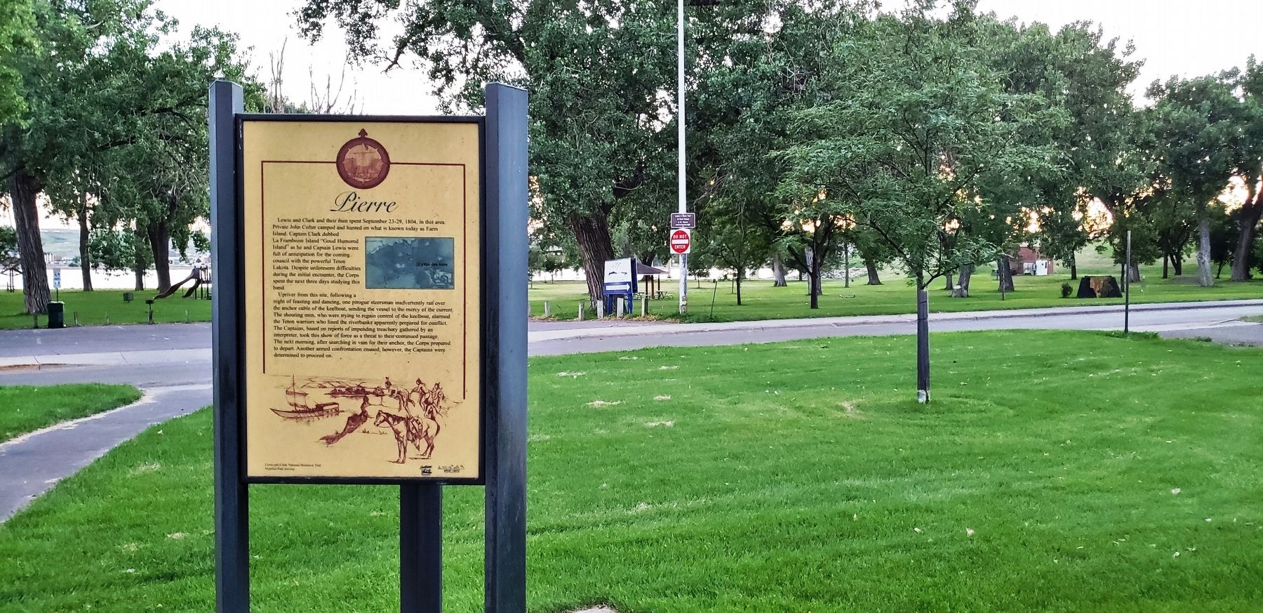 Pierre Marker (<i>wide view; Steamboat Park and Missouri River in background</i>). Click for full size. Pierre Marker (<i>wide view; Steamboat Park and Missouri River in background</i>) image. Click for full size.