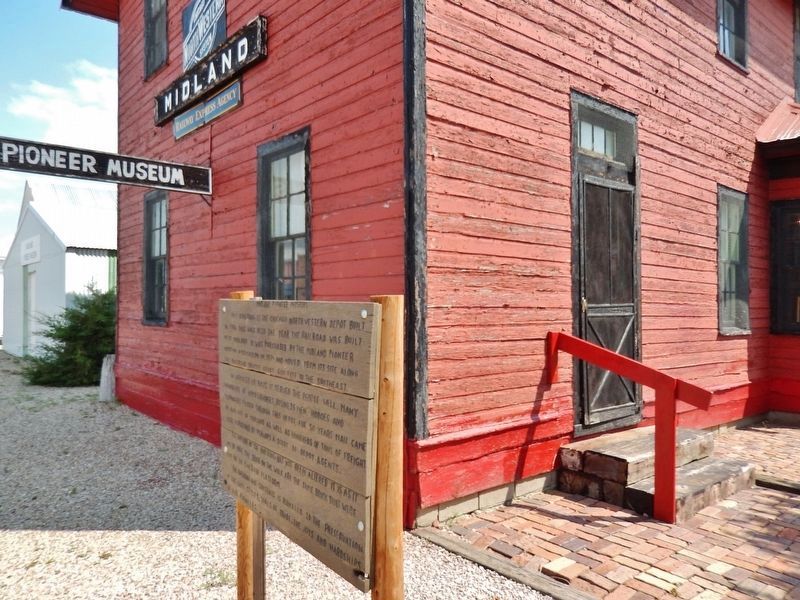 Midland Pioneer Museum Marker (<i>wide view; 1906 Chicago & North Western Depot in background</i>). Click for full size. Midland Pioneer Museum Marker (<i>wide view; 1906 Chicago & North Western Depot in background</i>) image. Click for full size.