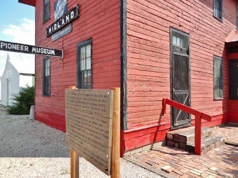 Midland Pioneer Museum Marker (<i>wide view; 1906 Chicago & North Western Depot in background</i>) image. Click for full size.