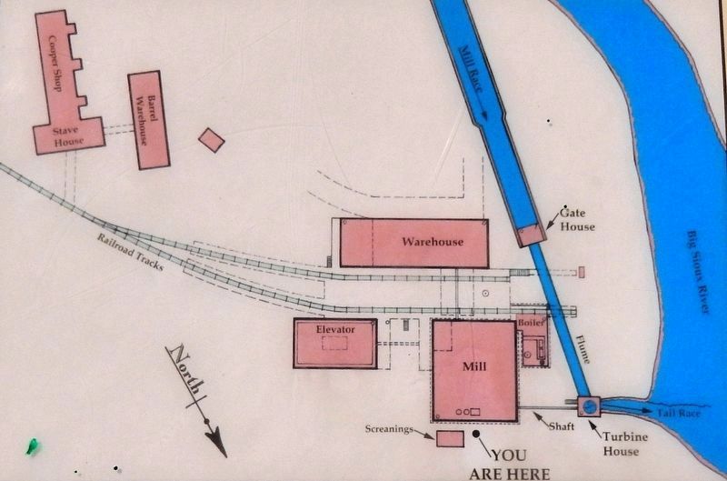Marker detail: Map of the Queen Bee Mill complex as it existed in the late 1800s image. Click for full size.