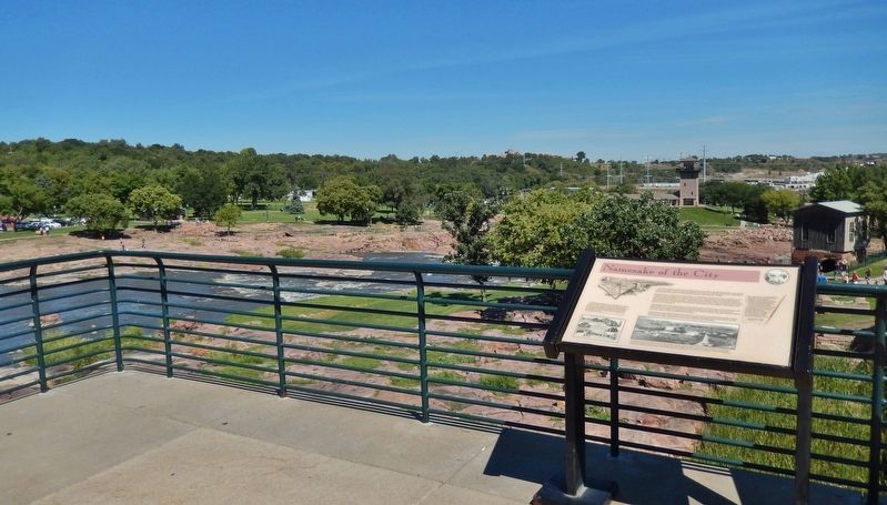 Namesake of the City Marker (<i>wide view; looking northwest across Big Sioux River and Falls</i>). Click for full size. Namesake of the City Marker (<i>wide view; looking northwest across Big Sioux River and Falls</i>) image. Click for full size.