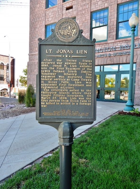 Lt. Jonas Lien Marker (<i>tall view; Washington Pavilion / Washington High School in background</i>). Click for full size. Lt. Jonas Lien Marker (<i>tall view; Washington Pavilion / Washington High School in background</i>) image. Click for full size.