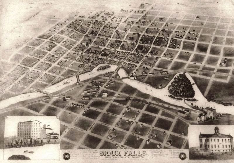 Marker detail: In 1881, Sioux Falls was growing up along the Big Sioux River. Click for full size. Marker detail: In 1881, Sioux Falls was growing up along the Big Sioux River image. Click for full size.