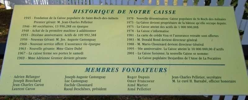 Historique de la Caisse populaire Desjardins de Saint-Roch-des-Aulnaies Marker. Click for full size. Historique de la Caisse populaire Desjardins de Saint-Roch-des-Aulnaies Marker image. Click for full size.