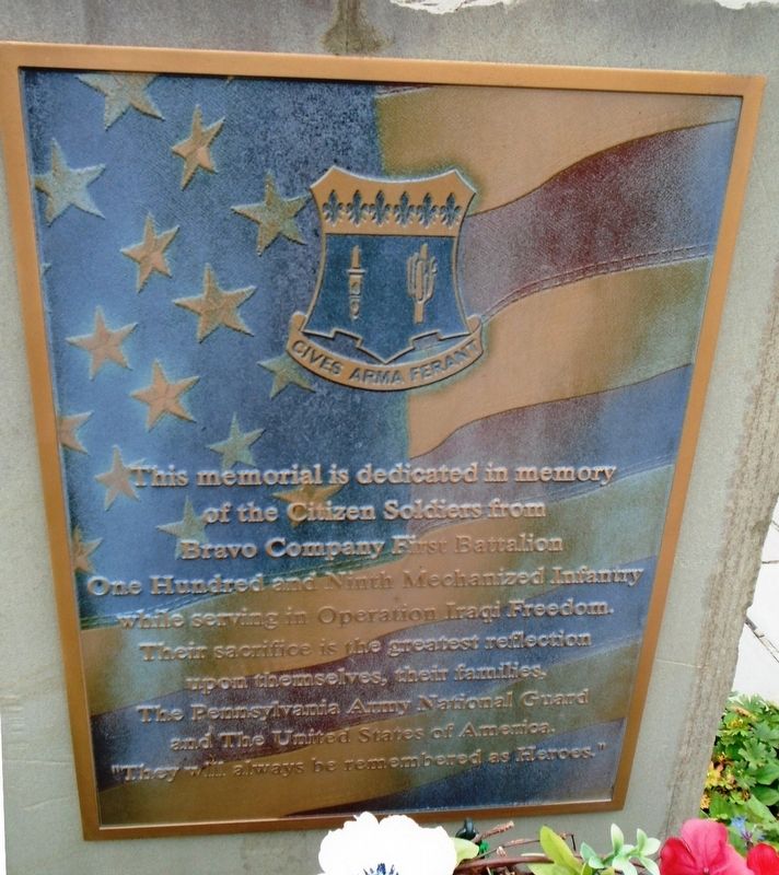 Citizen Soldiers from Bravo Company, First Battalion, One Hundred and Ninth Mechanized Infantry Marker. Click for full size. Citizen Soldiers from Bravo Company, First Battalion, One Hundred and Ninth Mechanized Infantry Marker image. Click for full size.