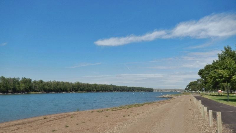 Missouri River (<i>view north along river from near the marker; La Framboise Island to left</i>). Click for full size. Missouri River (<i>view north along river from near the marker; La Framboise Island to left</i>) image. Click for full size.